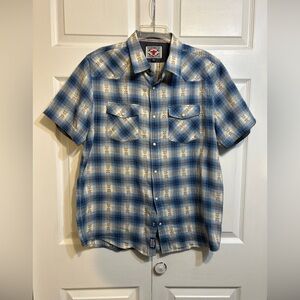Desert Son Flag & Anthem Size L Large Blue Plaid Pearl Snap Short Sleeve Shirt